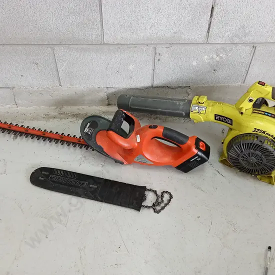 RYOBI PETROL BLOWER AND BLACK AND DECKER 18V BATTERY HEDGE TRIMMER