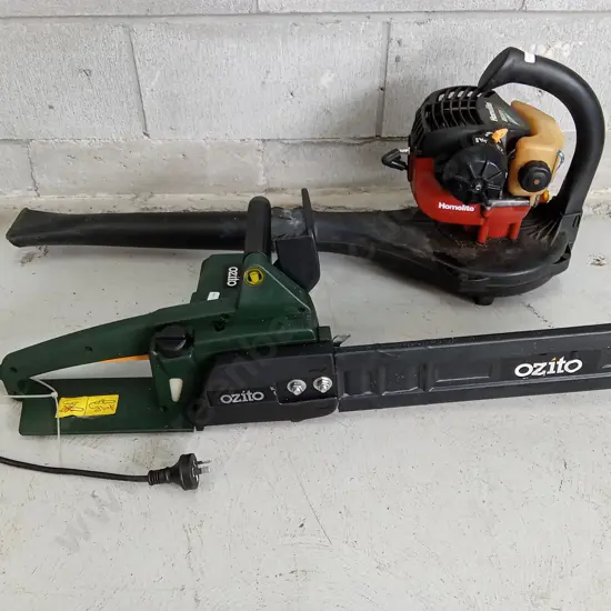 WORKING OZITO ELECTRIC CHAINSAW AND UNTESTED HOMELITE GAS BLOWER