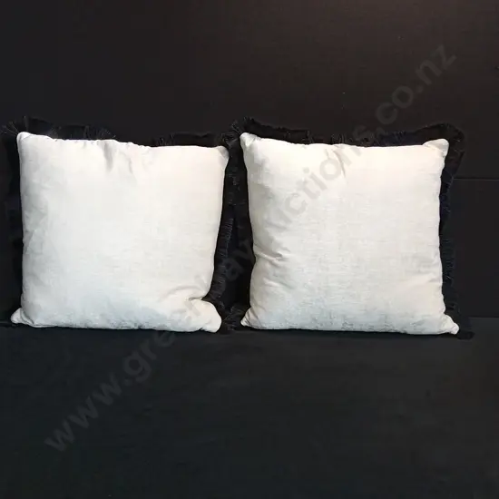 CREAM CUSHIONS WITH BLACK CUT FRINGE TRIM X 2