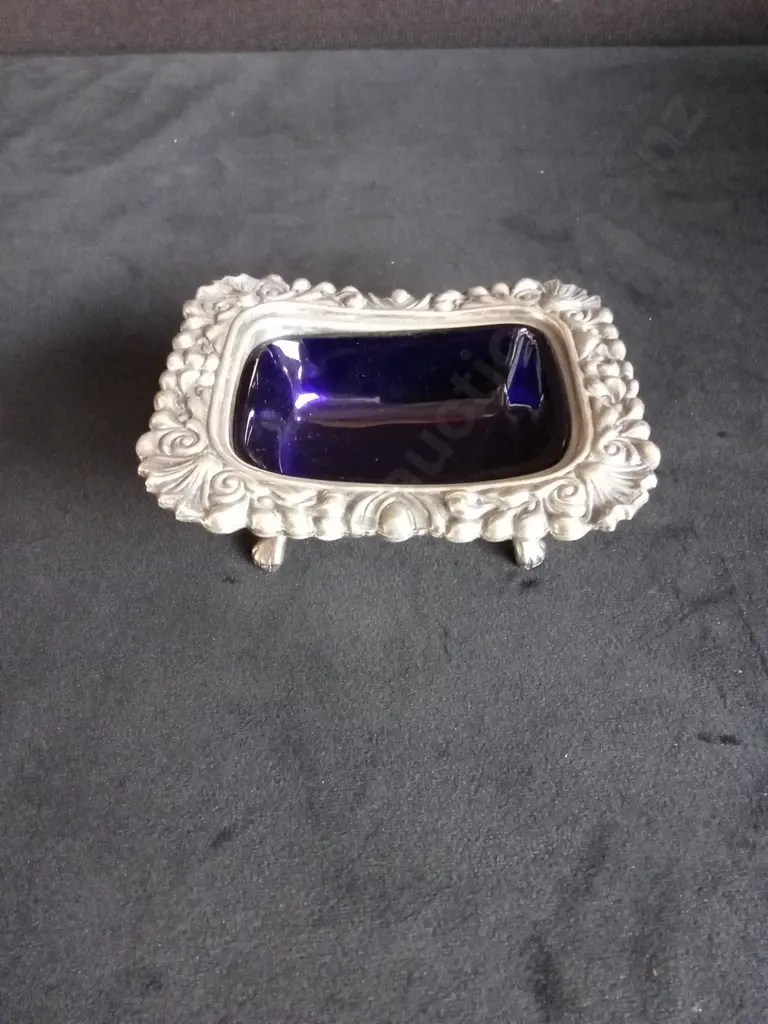 ENGLISH OLD SHEFFIELD PLATE FUSED SILVER MASTER SALT COBALT LINER Image 1++