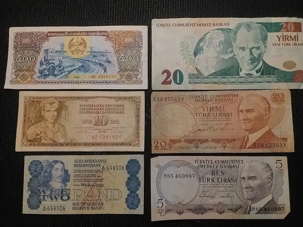 COLLECTI9N OF 6 VARIOUS BANK NOTES FROM TURKEY, LAOS, SOUTH AFRICA AND YUGOSLAVIA Image 1++