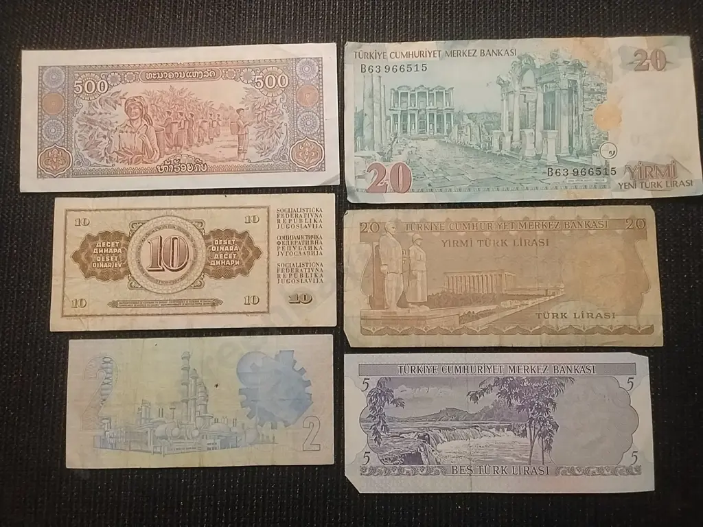 COLLECTI9N OF 6 VARIOUS BANK NOTES FROM TURKEY, LAOS, SOUTH AFRICA AND YUGOSLAVIA Image 1++