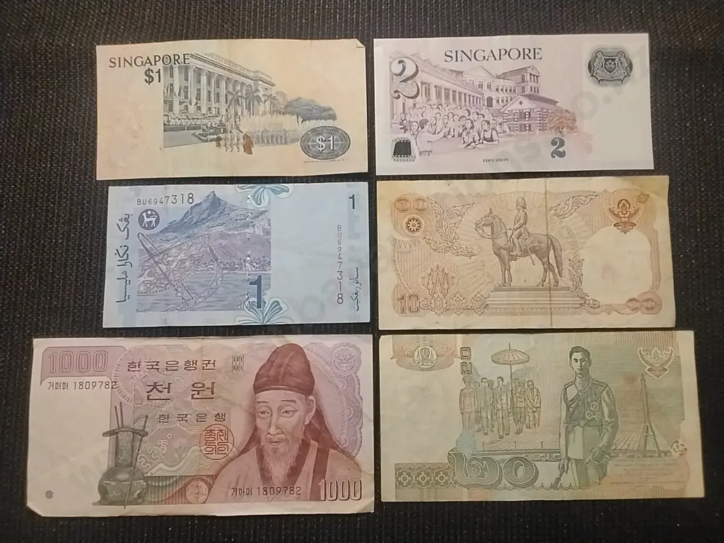 6 X BANK NOTES SINGAPORE $1 &  $2, MALAYSIAN 1 RINGIT, KOREAN 1000 WON & THAI  10 & 20 BHAT Image 1++