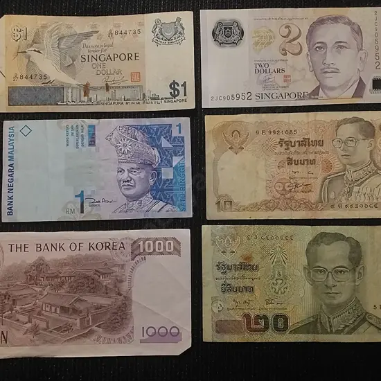 6 X BANK NOTES SINGAPORE $1 &  $2, MALAYSIAN 1 RINGIT, KOREAN 1000 WON & THAI  10 & 20 BHAT