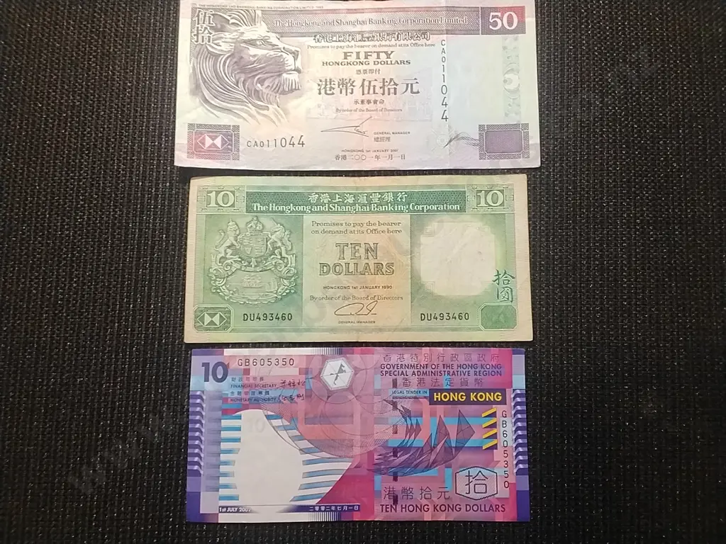 2 X HONGKONG AND SHANGHAI BANKING CORPORATION BANK NOTES $50 &$10 & 1 X GOVERNMENT OF THE HONGKONG Image 1++