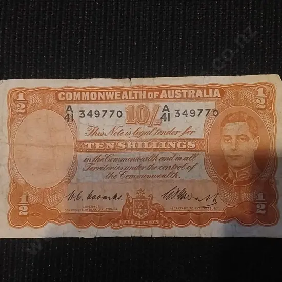 SINGLE 1942 COMMONWEALTH OF AUSTRALIA 10 SHILLING BANK NOTE FEATURING KING GEORGE VI