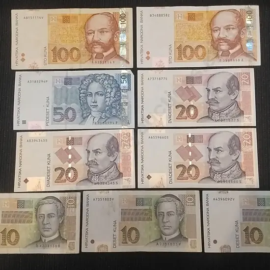 BANK NOTES - 9 X CROATIAN KUNA 2X100, 1X50, 3X20, 3X10