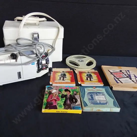 MAGON CONVERTIBLE ZRS SUPER 8 FILM PROJECTOR WITH CHARLIE CHAPLIN AND FESTIVAL FARE MOVIES