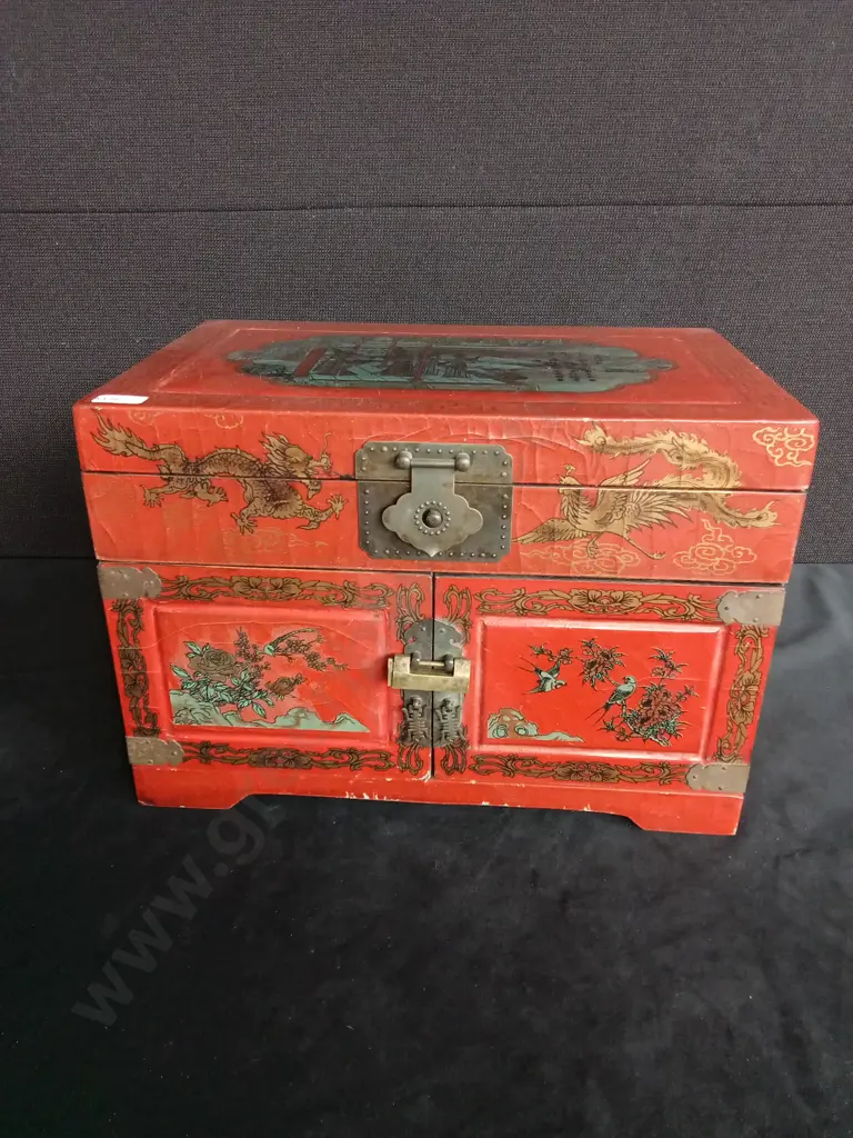 ANTIQUE CHINESE RED LACQUERED LEATHER TRUNK WITH LOCK AND KEY Image 1++