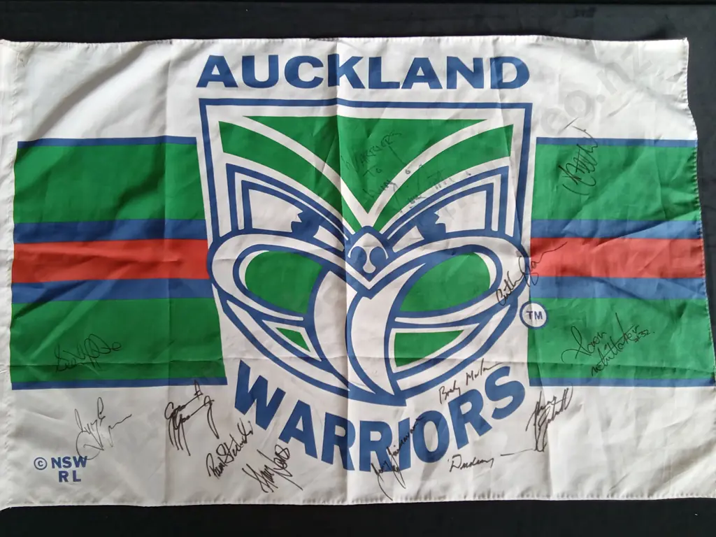 VINTAGE SIGNED INAUGURAL AUCKLAND WARRIORS RUGBY LEAGUE SEASON FLAG Image 1++