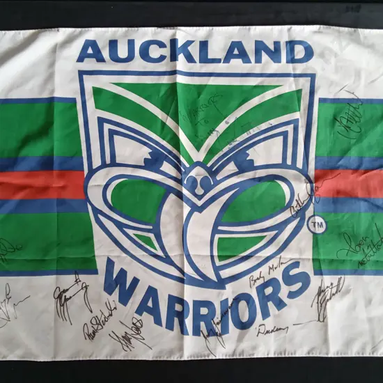 VINTAGE SIGNED INAUGURAL AUCKLAND WARRIORS RUGBY LEAGUE SEASON FLAG