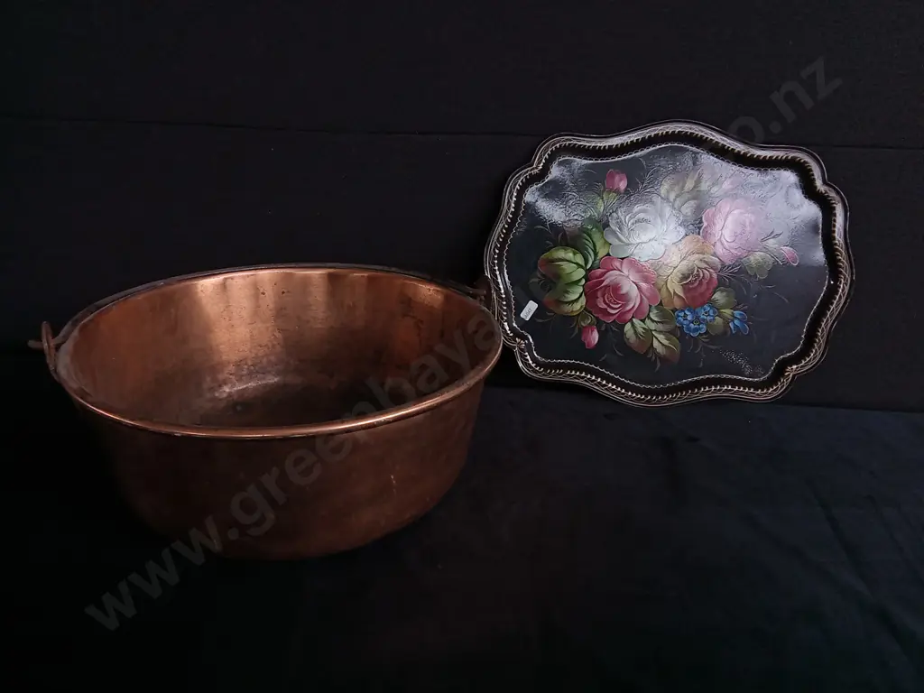 VINTAGE FRENCH COPPER CONFITURE POT AND VINTAGE FLORAL METAL TRAY Image 1++
