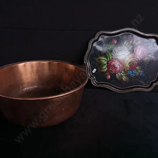 VINTAGE FRENCH COPPER CONFITURE POT AND VINTAGE FLORAL METAL TRAY