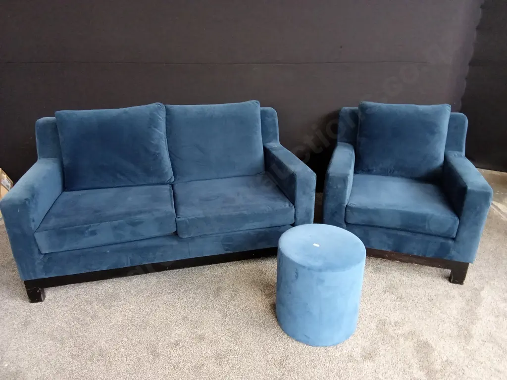 BLUE 2 SEATER COUCH WITH AN ARM CHAIR AND FOOT STOOL Image 1++