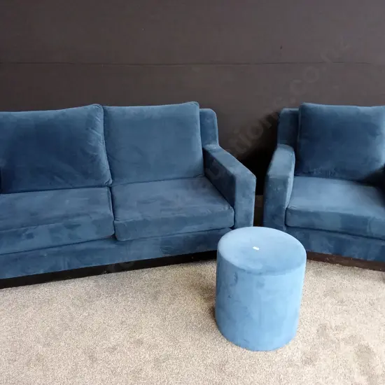BLUE 2 SEATER COUCH WITH AN ARM CHAIR AND FOOT STOOL