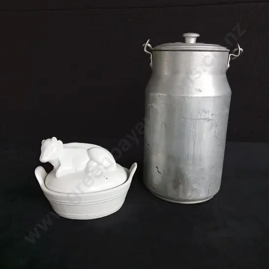 CERAMIC COWNTUREEN AND VINTAGE MILK CARRIER