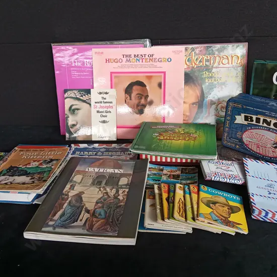 BOX OF ASSORTED BOOKS RECORDS AND OTHER