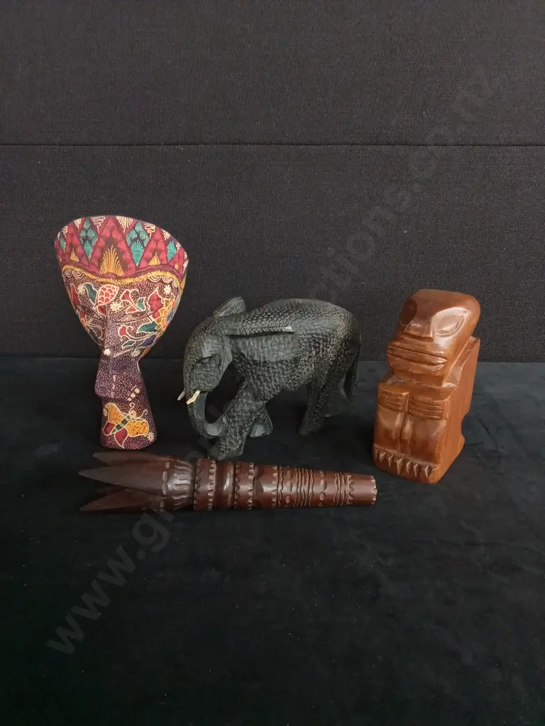 INDONESIAN BATIK MASK  VINTAGE CARVED ELEPHANT AND VINTAGE CARVES Image 1++
