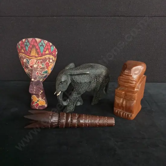 INDONESIAN BATIK MASK  VINTAGE CARVED ELEPHANT AND VINTAGE CARVES