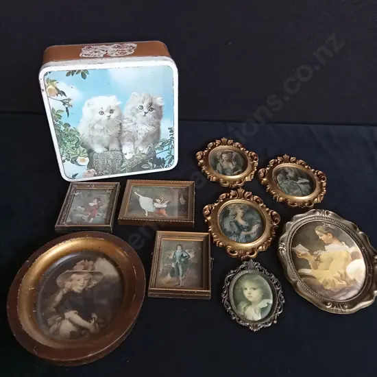 VINTAGE PHOTO FRAMES X 9 AND CAT TIN