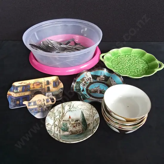 COLLECTION OF PLATES BOWLS AND UTENSILS