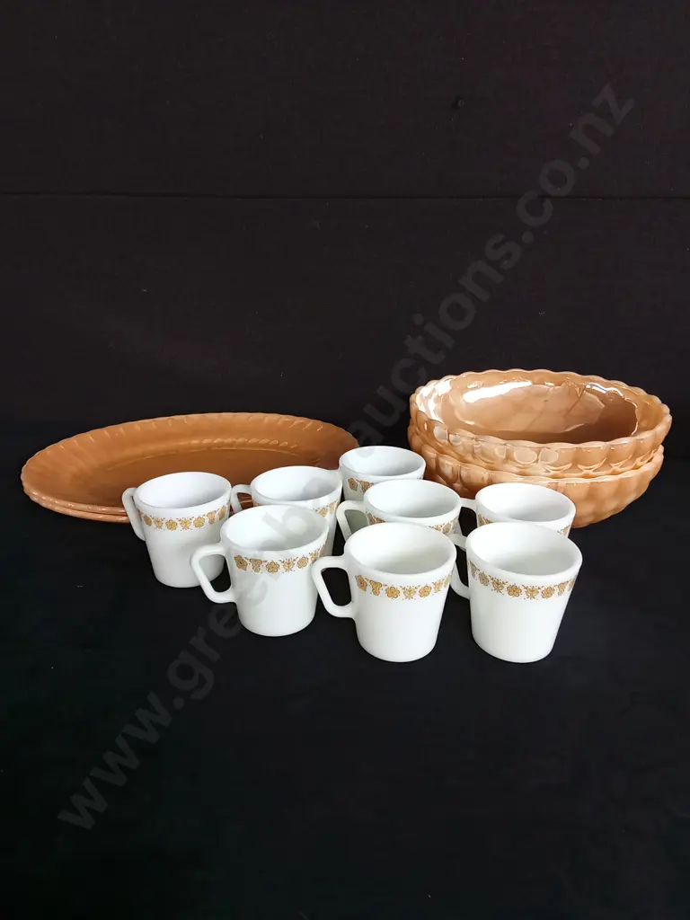 SET OF 8 PYREXO GLASSES ANCHOR HOCKING PLATTER AND BOWLS Image 1++