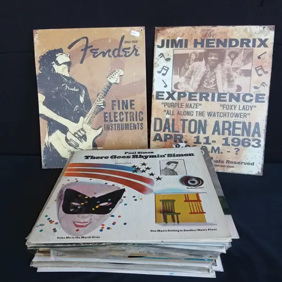 COLLECTION OF VINYL RECORDS AND 2 METAL FENDER POSTERS