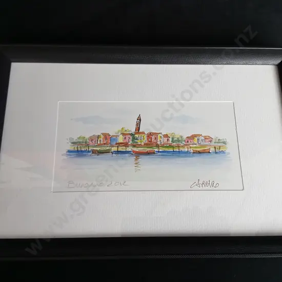FRAMED WATERCOLOUR PAINTING OF BURANO ITALY BY MARIO CARRARO