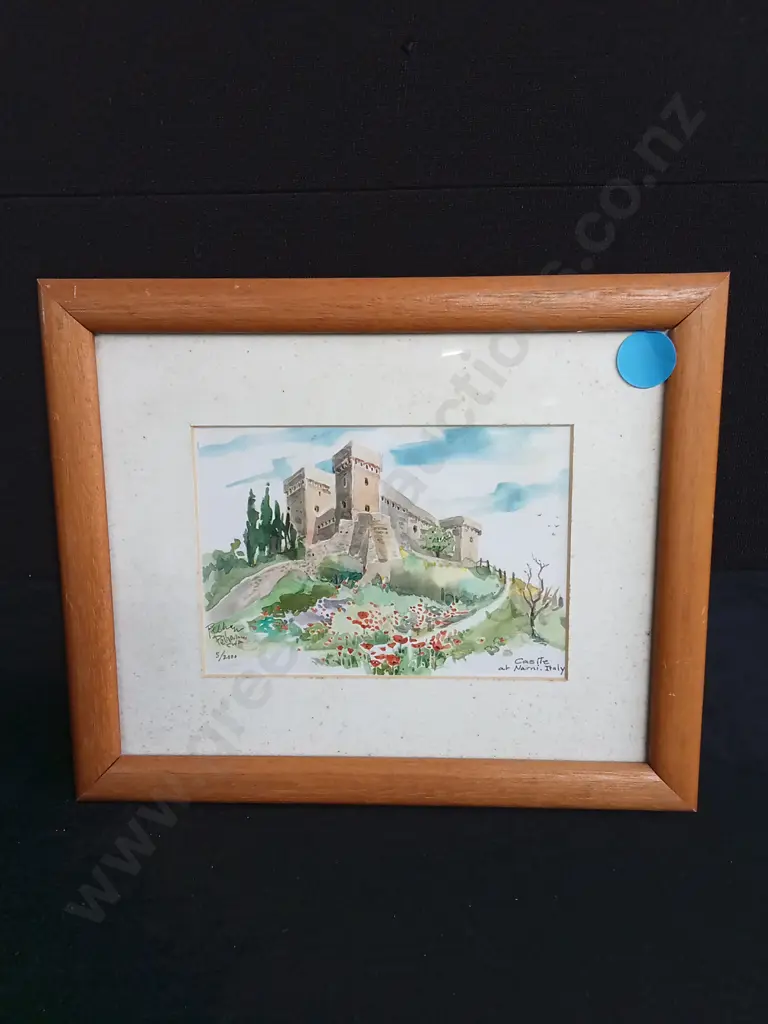 FRAMED WATERCOLOUR PAINTING CASTLE AT NARNI ITALY Image 1++