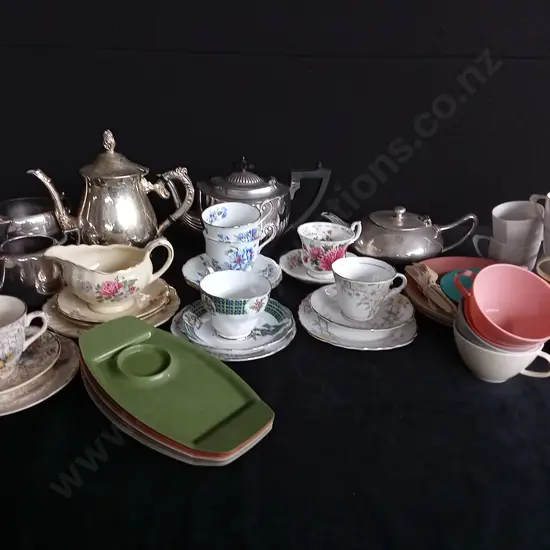 ASSORTED CUPS PLATES AND TEA POTS