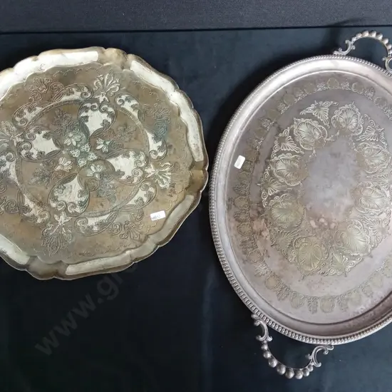 VINTAGE SILVER PLATED OVAL TRAY AND BRASS CIRCULAR TRAY