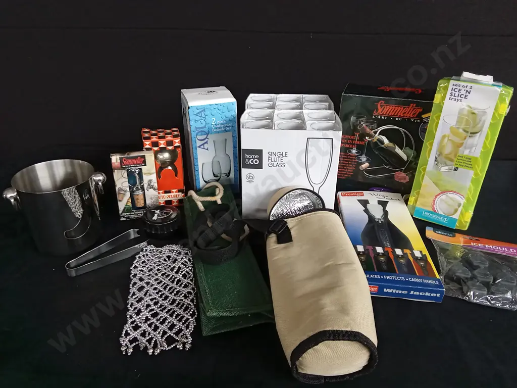 GLASSES AND ASSORTED WINE TOOLS AND ACCESSORIES Image 1++