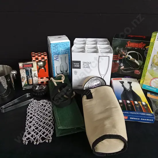 GLASSES AND ASSORTED WINE TOOLS AND ACCESSORIES