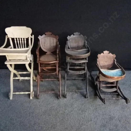4 X VINTAGE / ANTIQUE CHILDS HIGH CHAIRS INCLUDING 3 WITH FOLDING LEGS