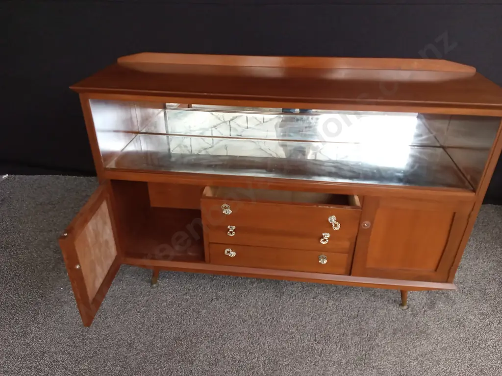 MAHOGANY AND RIMU DISPLAY CABINET WITH DRAWERS (ONE MISSING KNOB AND SLIDING GLASS DOORS) Image 1++