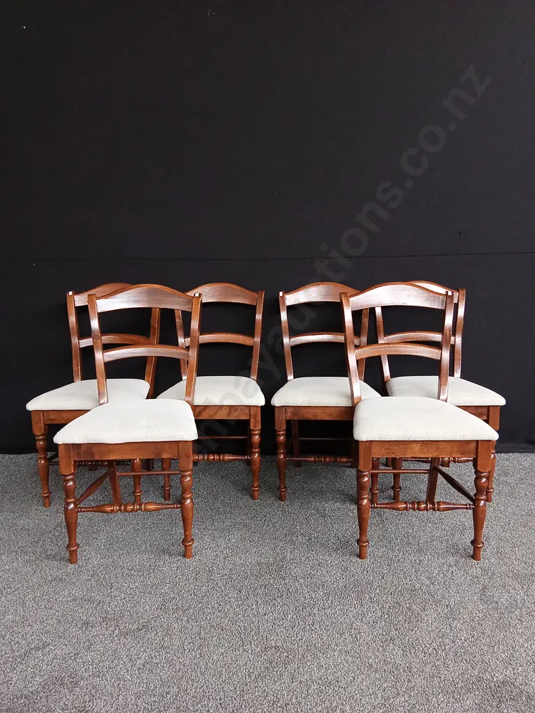 WOODEN DINING CHAIRS WITH WHITE UPHOLSTERED SEAT X 6 Image 1++