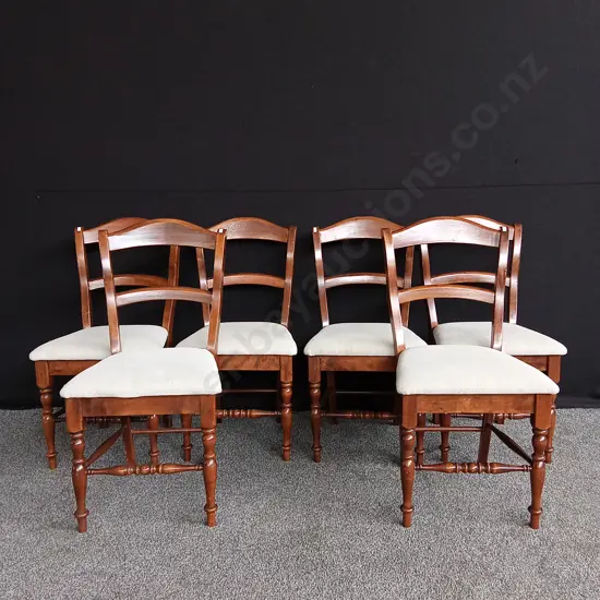 WOODEN DINING CHAIRS WITH WHITE UPHOLSTERED SEAT X 6