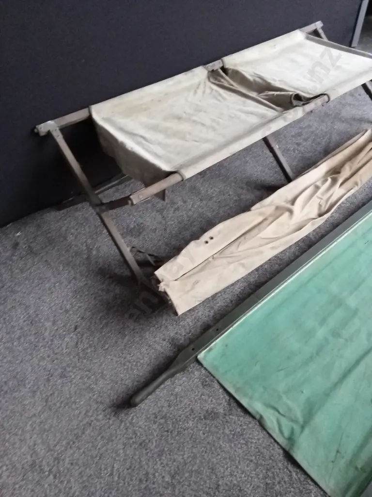 VINTAGE CAMP STRETCHER, MEDICAL STRETCHER AND LOW MEDICAL BED. WOODEN FRAMES AND HANDLES + CANVAS Image 1++