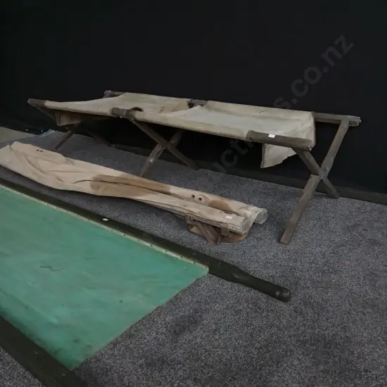 VINTAGE CAMP STRETCHER, MEDICAL STRETCHER AND LOW MEDICAL BED. WOODEN FRAMES AND HANDLES + CANVAS