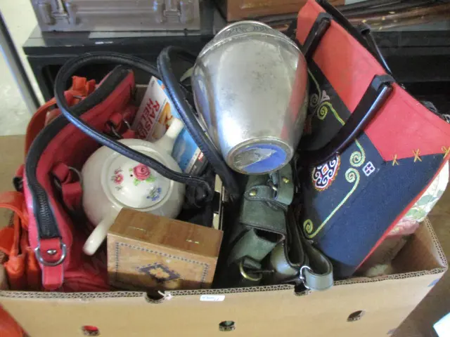 BOX OF ASSORTED ITEMS INC TEAPOT SMALL WOODEN BOX Image 1++