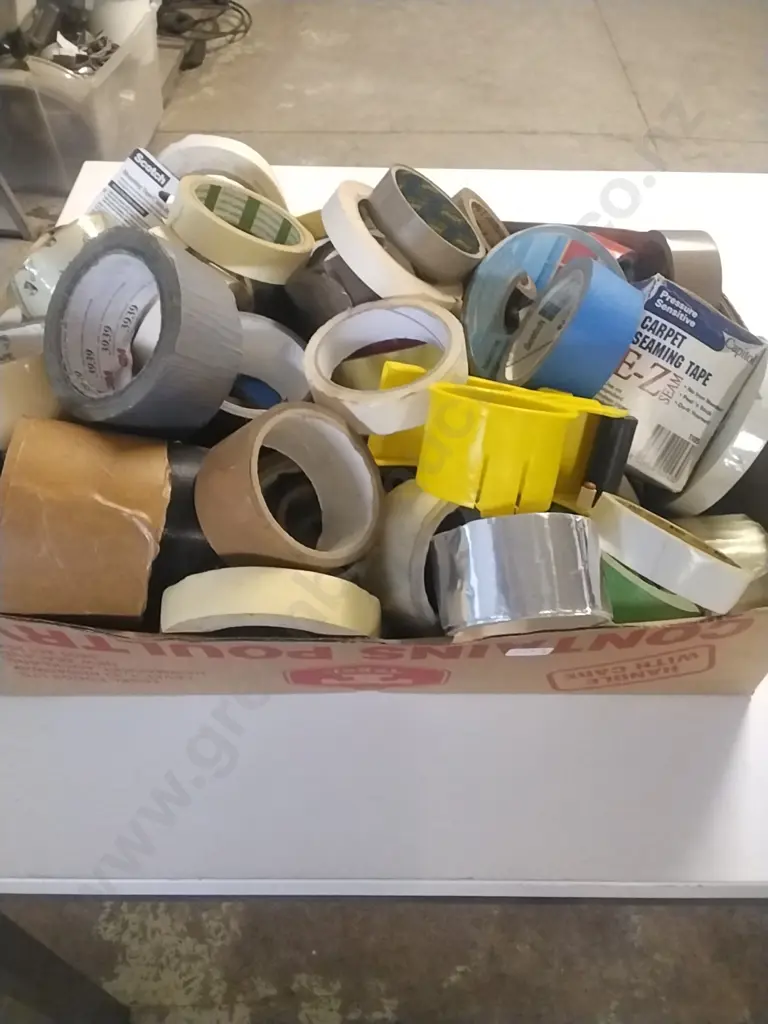 LARGE BOX OF TAPE - MASKING, CELLOTAPE, DOUBLE SIDED, DUCT MOSTLY PARTIAL ROLLS Image 1++