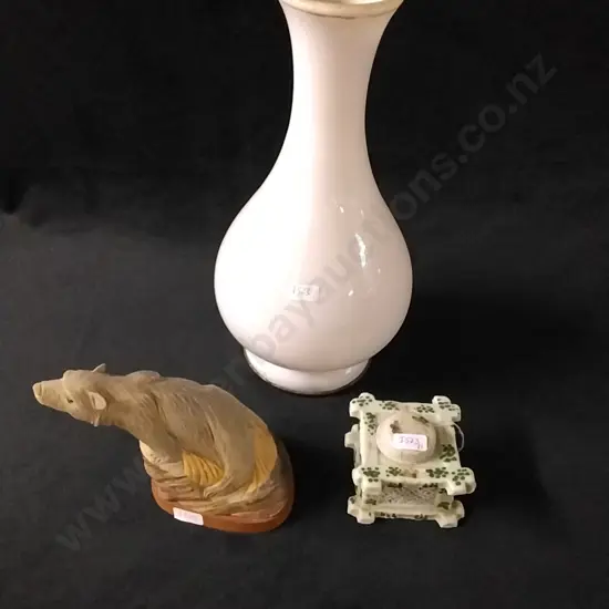 GLASS VASE, INK WELL AND FIGURINE