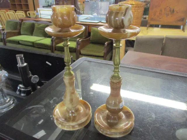 Brass Alabaster Candlesticks Image 1++